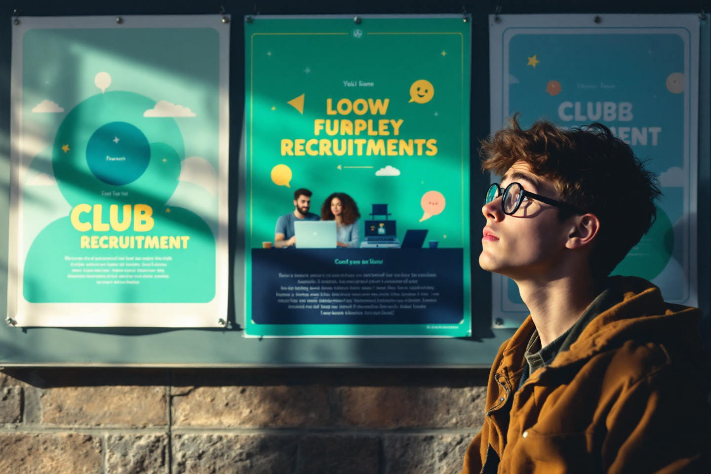 안경을 쓴 백인 남학생이 동아리 홍보판 앞에서 하늘을 보며 어떤 동아리를 선택할지 고민하고 있는 이미지