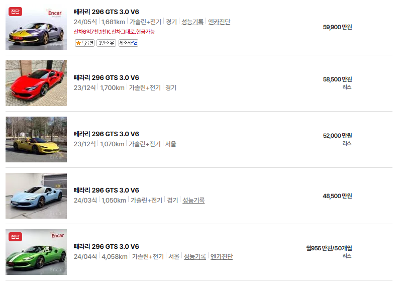 페라리 296 중고차 가격 시세표 유지비