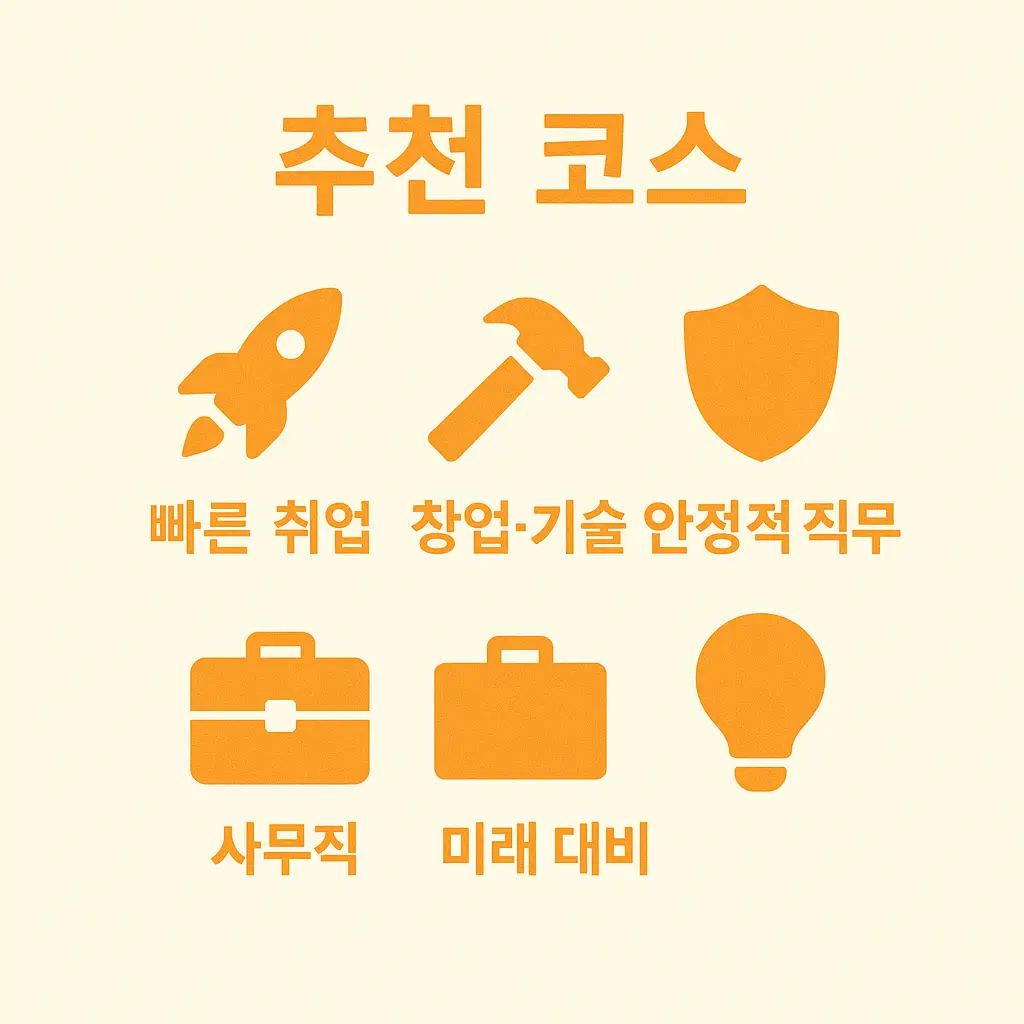 내일배움카드 인기과정 상황별 추천 코스 인포그래픽으로, 빠른 취업, 창업·기술, 안정적 직무, 사무직, 미래 대비 등 개인 상황에 맞춰 선택할 수 있는 교육과정을 아이콘과 색상으로 구분해 안내한 이미지