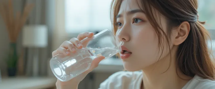 금식시간 전에 물을 마실 수 있는지 고민하며 컵을 든 여성