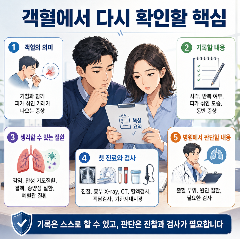 객혈의 의미와 기록 내용&middot;원인 질환&middot;첫 진료 검사&middot;병원 판단 사항 핵심 정리