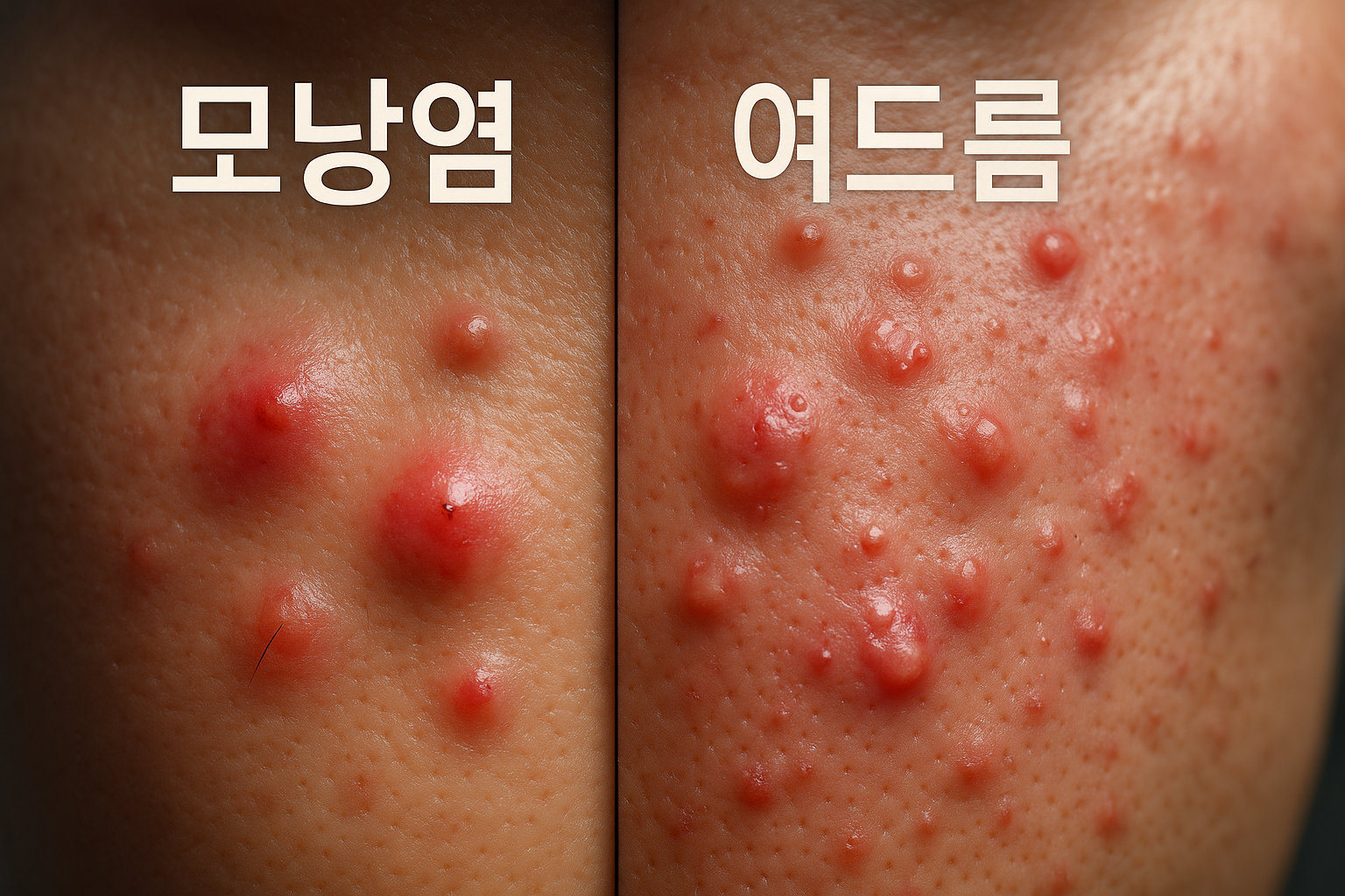 모낭염과 여드름의 염증 구조와 핵심 차이점을 보여주는 비교사진