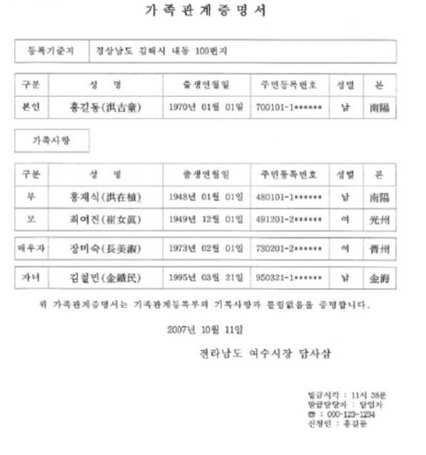 가족관계증명서 예시