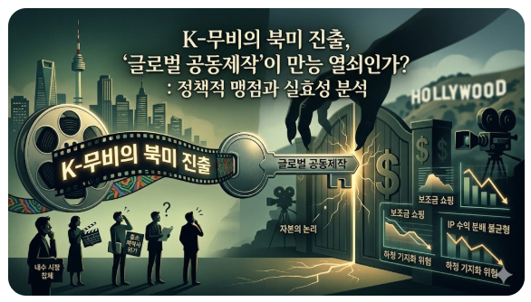 한국 영화의 북미 진출과 글로벌 공동제작 정책의 실효성을 분석하는 비판적 인포그래픽 이미지입니다. 상단 중앙에는 K-무비의 북미 진출, 글로벌 공동제작이 만능 열쇠인가?라는 제목이 위치합니다.

왼쪽에는 서울의 스카이라인을 배경으로 고민에 빠진 중소 제작사들과 내수 시장 침체라는 문구가 배치되어 국내의 위기 상황을 보여줍니다. 중앙에는 글로벌 공동제작이라는 글자가 새겨진 거대한 열쇠가 할리우드 성문을 열려 하지만, 그 이면에는 자본의 논리라는 어두운 그림자가 드리워져 있습니다.

오른쪽에는 할리우드 사인을 배경으로 보조금 쇼핑, IP 수익 분배 불균형, 하청 기지화 위험을 나타내는 하락 곡선의 데이터 그래프들이 배치되어, 정책적 대전환이 초래할 수 있는 맹점과 리스크를 시각적으로 강렬하게 경고하고 있습니다.