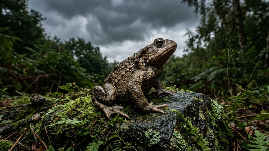 폭풍 전야의 습도를 느끼며 하늘을 바라보는 두꺼비의 모습