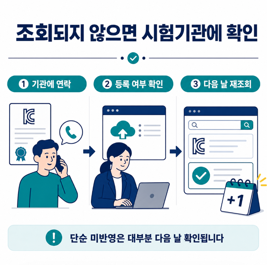 KC 인증정보 미반영 시 시험기관 확인과 다음 날 재조회 절차