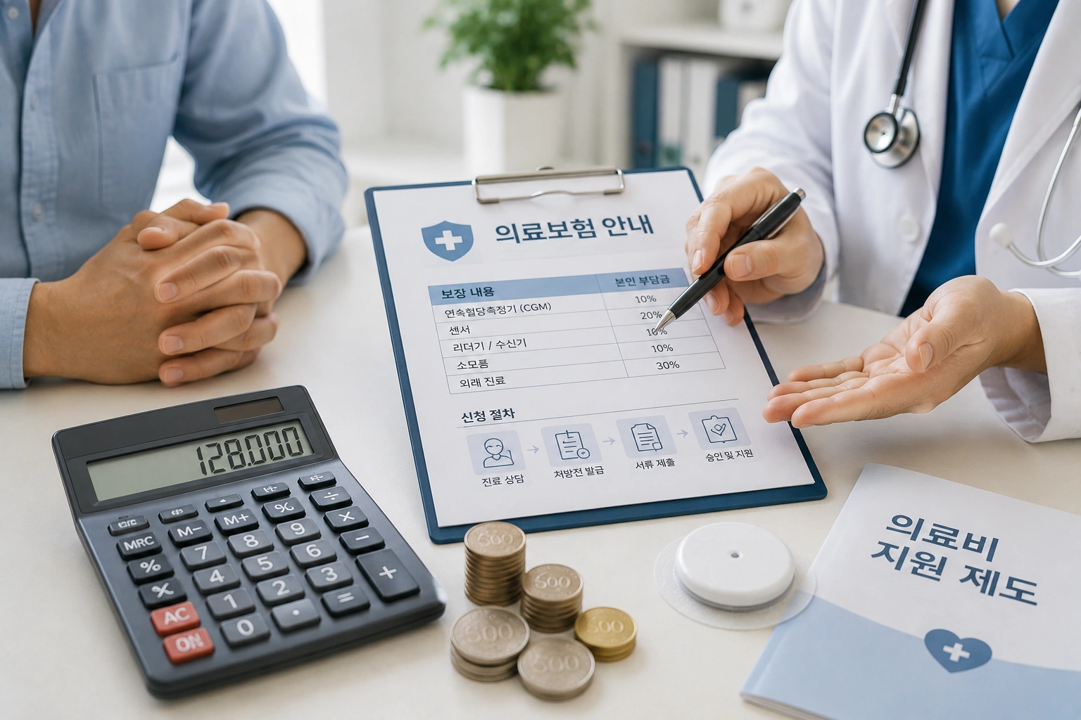 연속혈당측정기(CGM) 건강보험 적용과 비용을 상담하는 의료보험 안내 이미지
