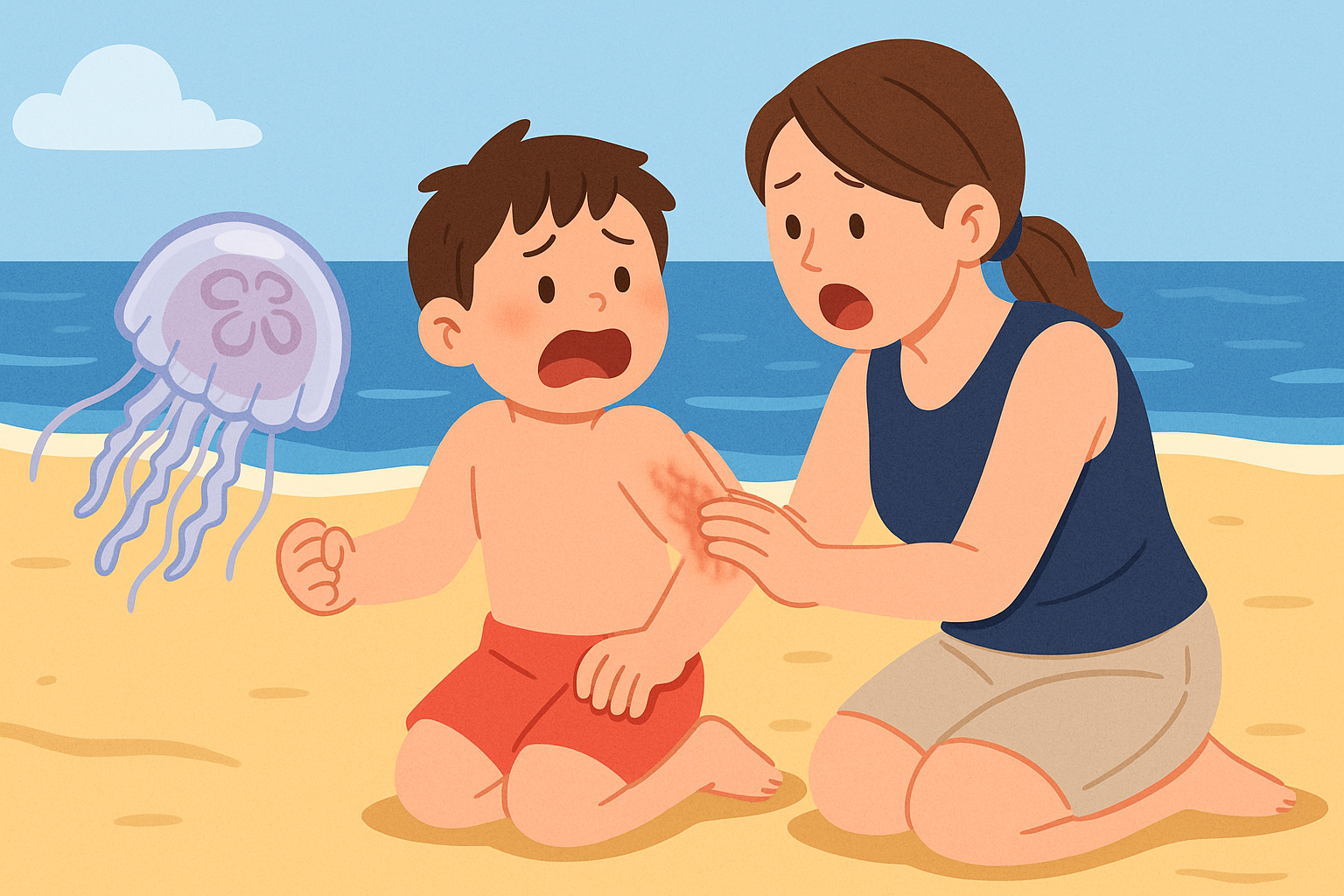 해수욕장에서 해파리에 쏘여 놀란 아이의 팔을 보호자가 응급처치하고 있는 장면