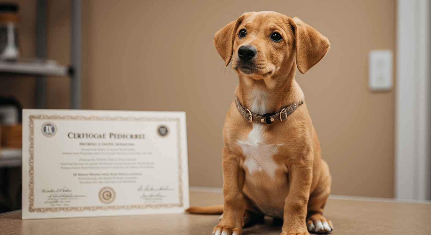 cute purebred puppy with pedigree certificate at a professional breeder shop