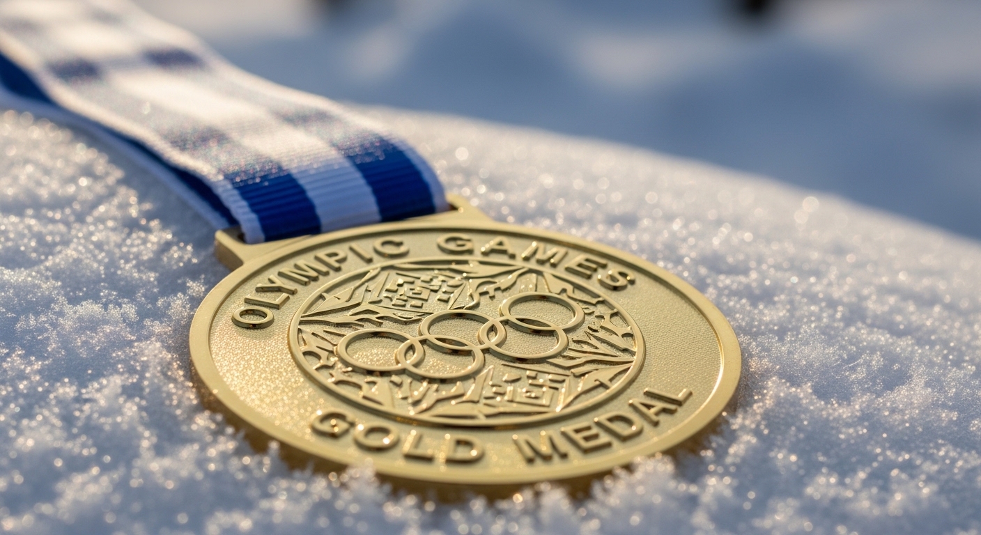 눈 위에 놓인 영광스러운 올림픽 금메달의 클로즈업 샷