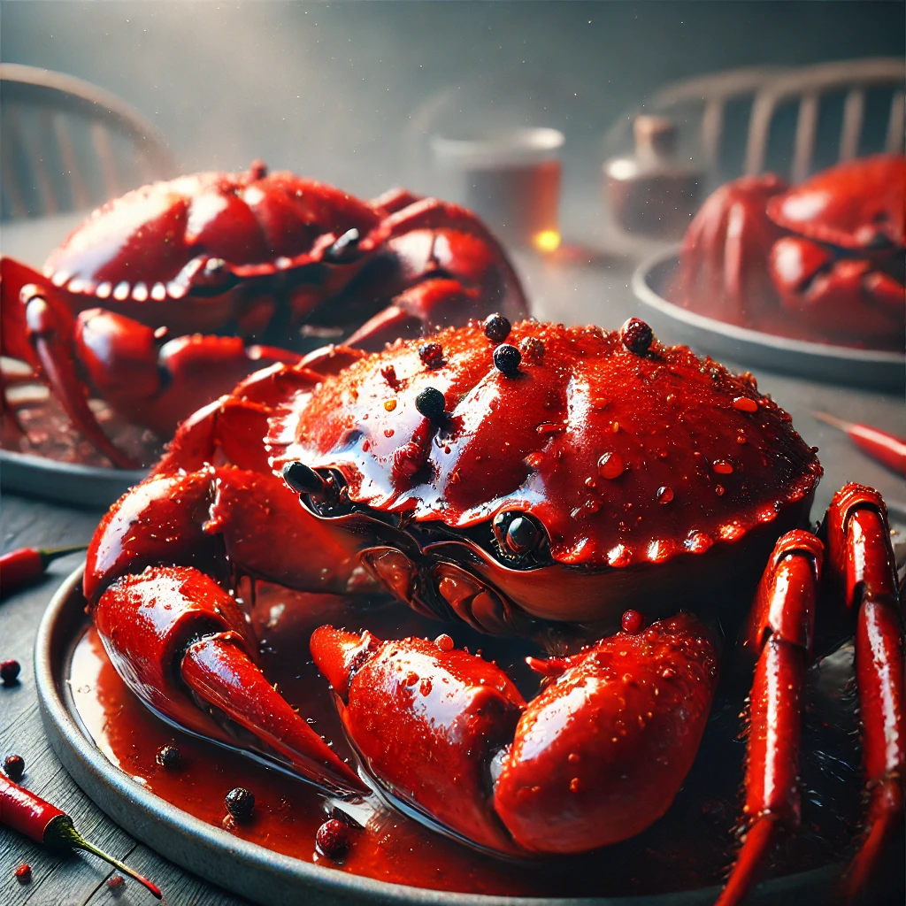 칠리크랩과 블랙페퍼크랩이 나란히 놓인 테이블, 홍게 껍질 위로 소스가 흐르는 모습과 식욕 자극하는 클로즈업 샷