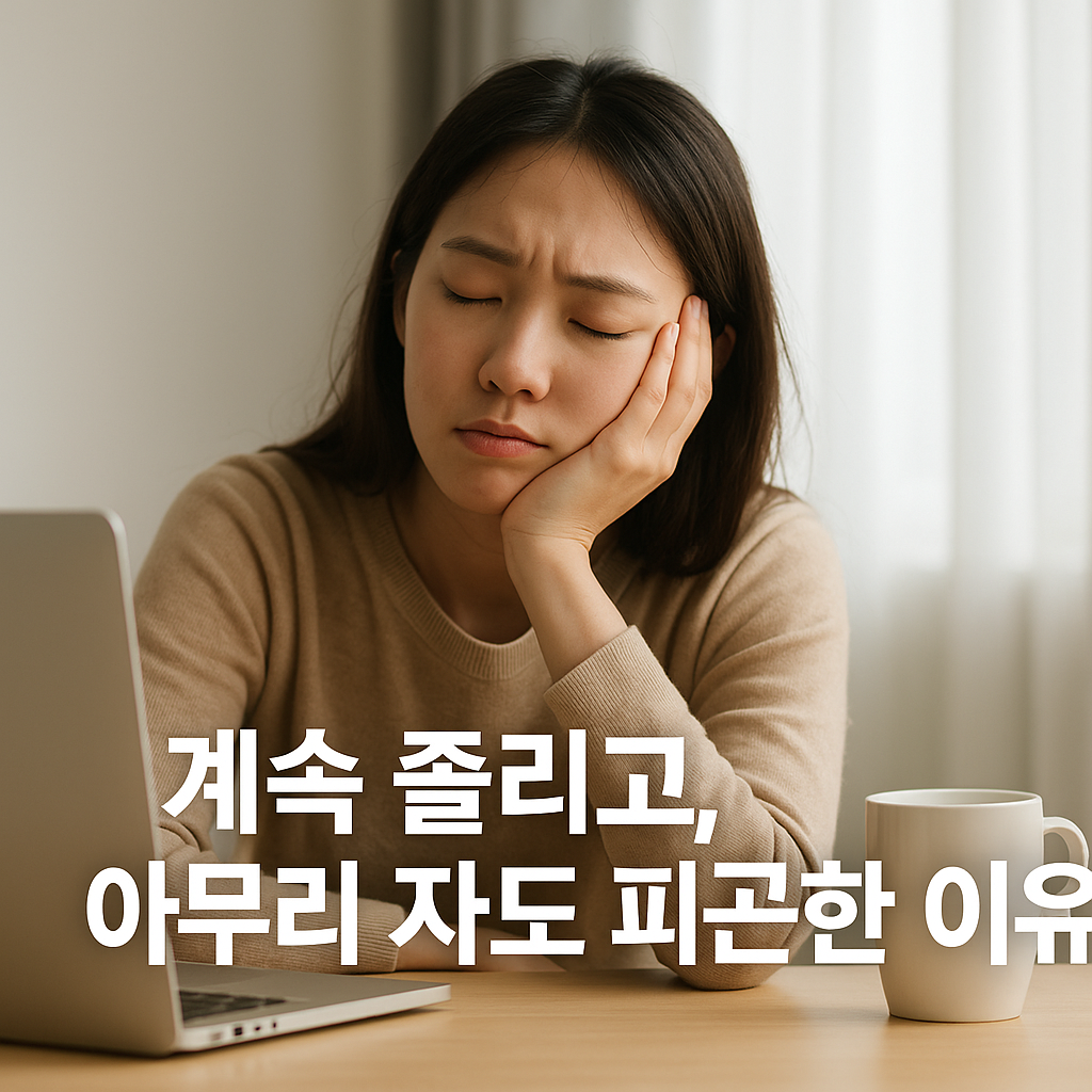 책상 앞에서 한 손으로 얼굴을 괴고 피곤한 표정을 짓고 있는 젊은 여성의 실사 사진. 노트북과 머그컵이 놓여 있고, 하단에 ‘계속 졸리고, 아무리 자도 피곤한 이유’라는 한국어 문구가 포함된 건강 정보 콘텐츠 이미지