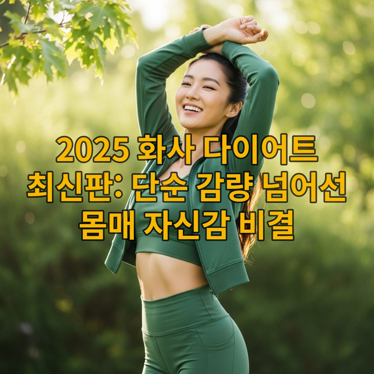 건강하고 자신감 넘치는 화사 닮은 여성이 활기찬 포즈를 취하며 미소 짓는 모습, 자연 속에서 몸매 자신감을 표현하는 이미지