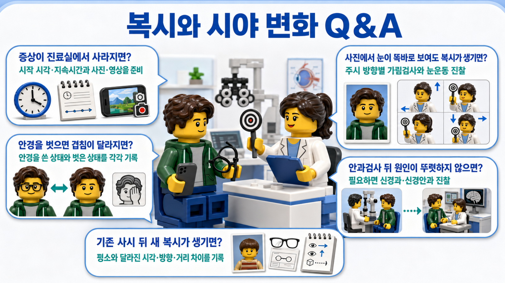 복시와 시야 변화 진료 전 기록&middot;안경 상태&middot;눈 정렬&middot;추가 진찰&middot;기존 사시 관련 질문과 답변