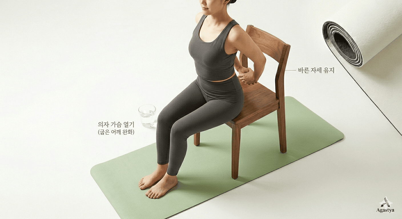 굽은 어깨와 가슴 열기를 돕는 의자 요가 상체 스트레칭