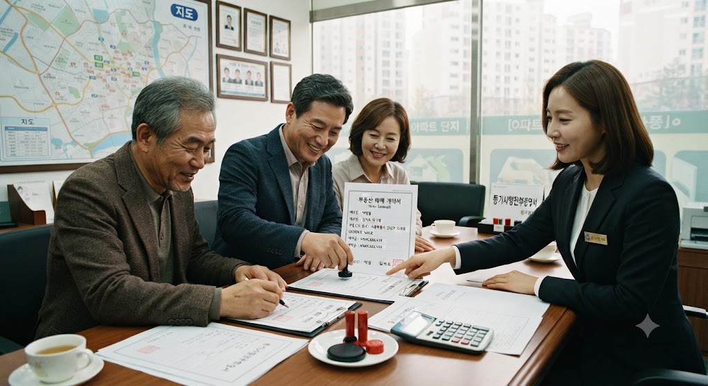 부동산매매하면서 도장찍는 모습