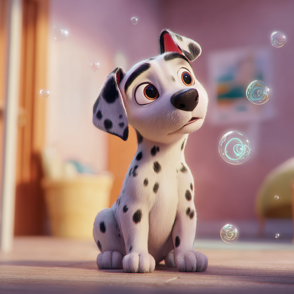 귀여운 강아지 뱃속에 꾸루륵 소리나는것을 방울로 표현한 픽사스타일 일러스트