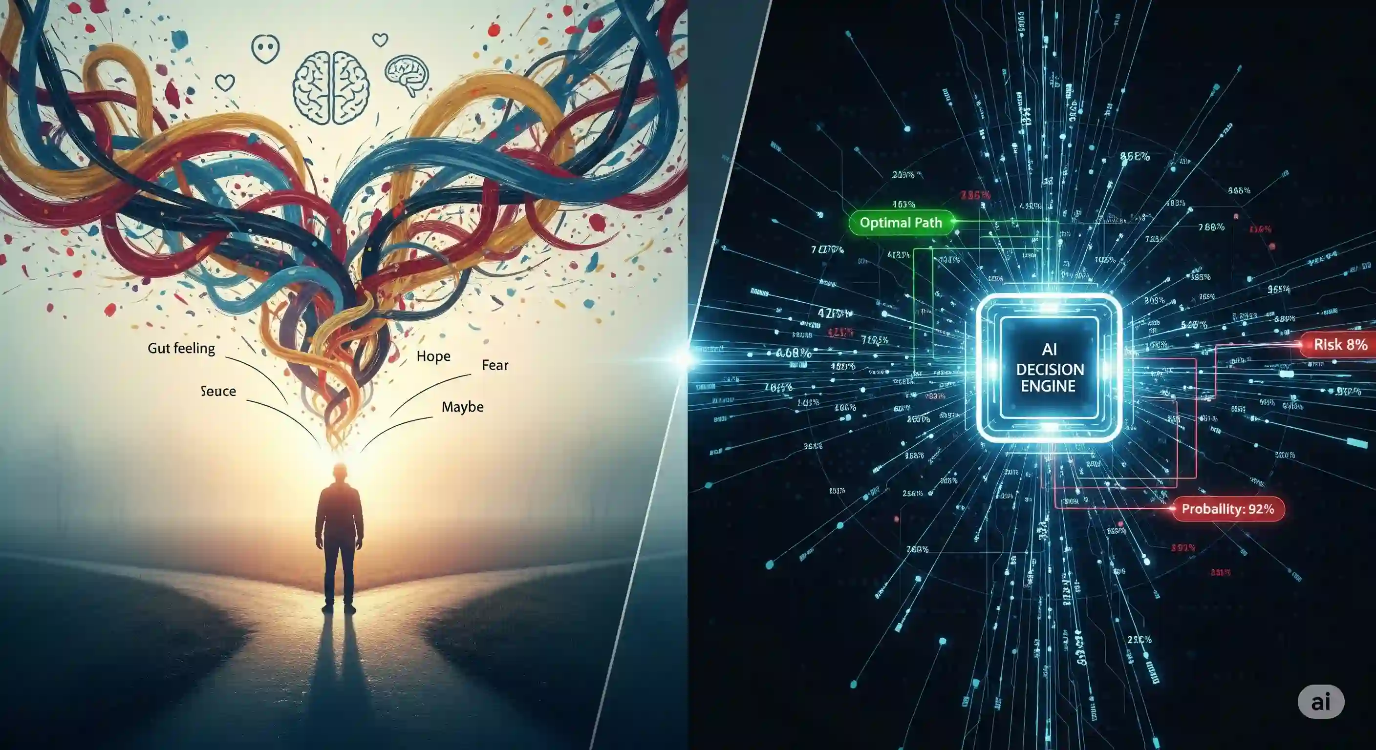 <img src="Human_Intuition_vs_AI_Probability.webp" alt="인간의 직관&middot;감성 기반 선택과 AI의 확률 계산형 결정 구조를 비교 시각화하는 이미지 구성입니다.">