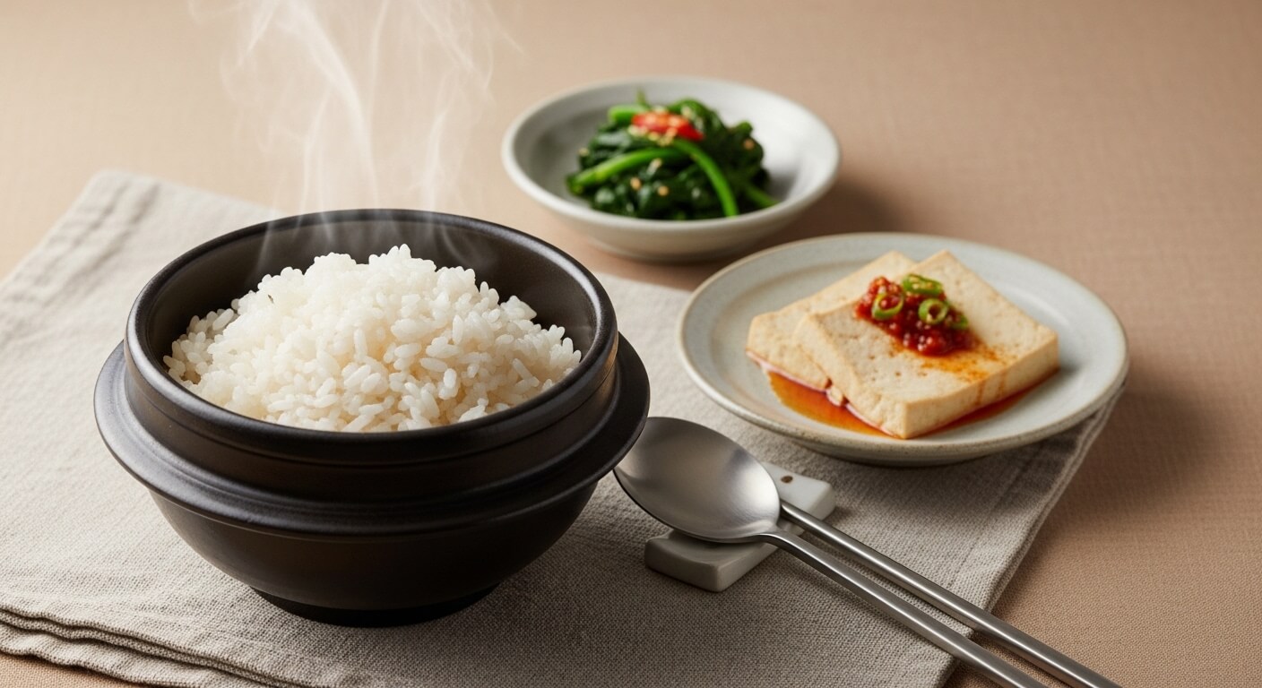 갓 지은 쌀밥과 정갈한 밑반찬이 곁들여진 건강한 상차림