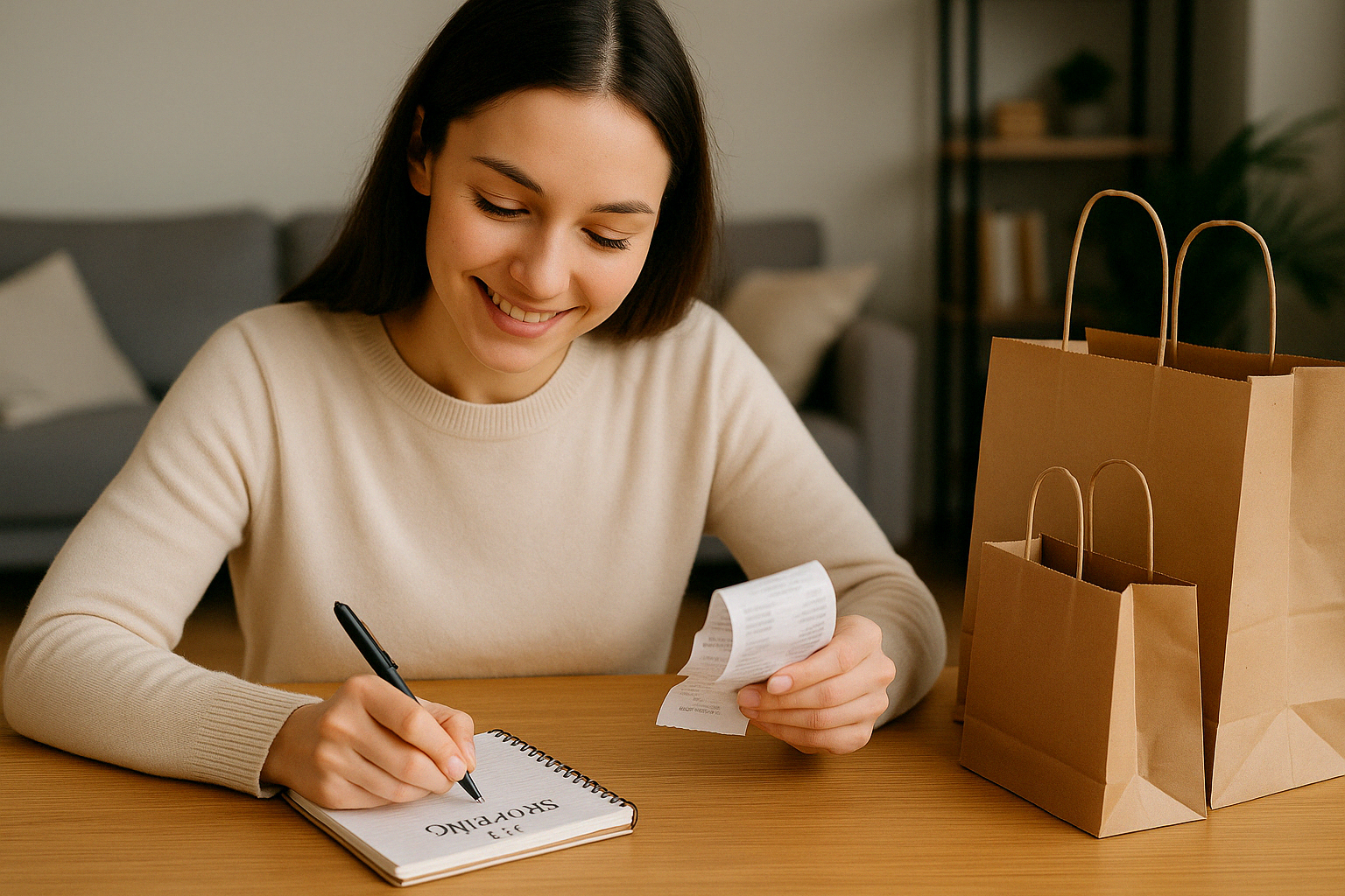 쇼핑 목록을 작성하거나 구매 후 정리하는 장면으로&amp;#44; &lsquo;I need to buy~&rsquo;와 같은 문장을 연습하기에 적합한 이미지입니다.