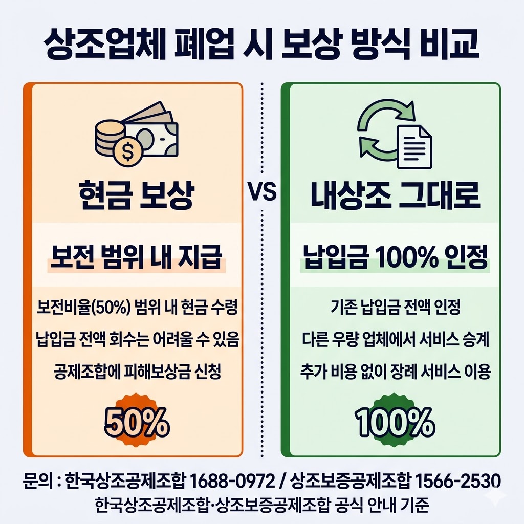 상조업체 폐업 시 현금 보상과 내상조 그대로 서비스 비교 인포그래픽