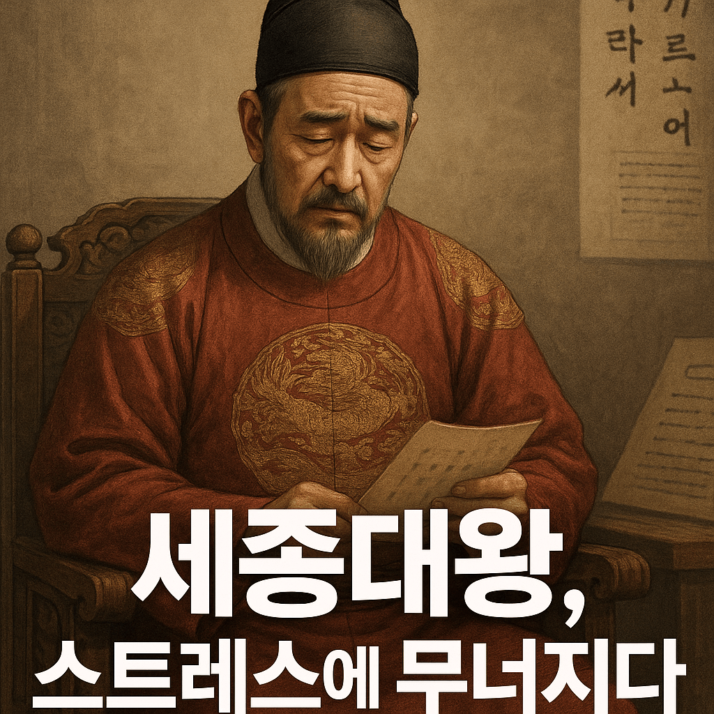 세종대왕이 붉은 곤룡포를 입고 목재 의자에 앉아, 한글이 적힌 문서를 바라보며 고뇌하는 모습. 배경에는 흐릿하게 훈민정음 문서가 걸려 있고, 이미지 하단에는 '세종대왕, 스트레스에 무너지다'라는 문구가 적혀 있다