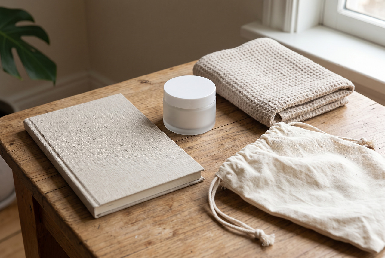 A blank notebook, closed plain cosmetic jar, towel and cotton pouch in a travel-planning concept scene
