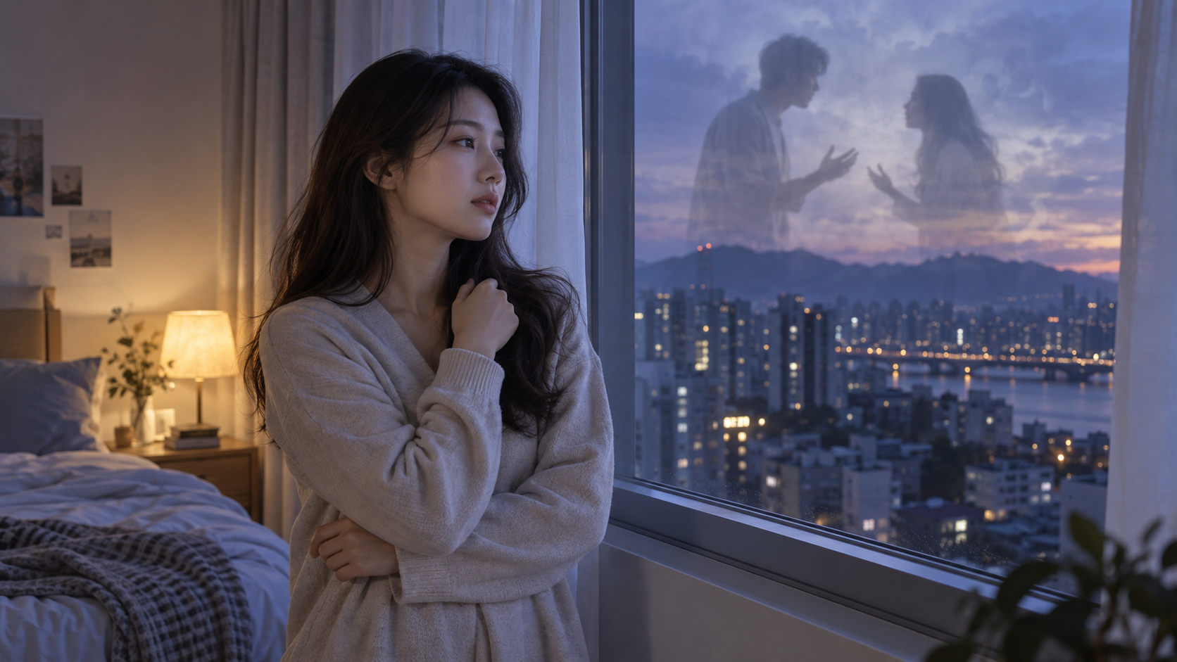 싸우는 꿈에서 깬 뒤 창가에서 감정을 정리하는 젊은 여성