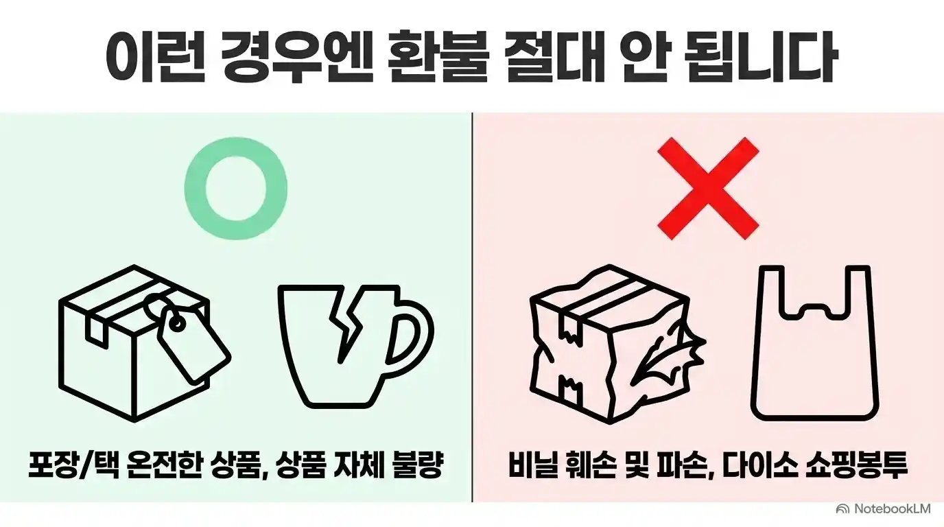 다이소 환불이 불가능한 경우와 가능한 경우를 비교한 안내 이미지