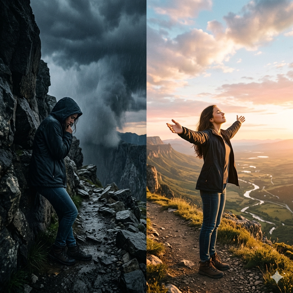 현대 심리학에서 불안과 트라우마를 다루는 핵심 기법인 노출치료의 기본 원리인 피할수록 공포는 커지고, 마주할수록 자유로워진다는 내용을 시각적으로 표현한 이미지