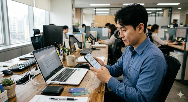 신용점수 조회 방법을 스마트폰으로 확인하는 직장인 모습