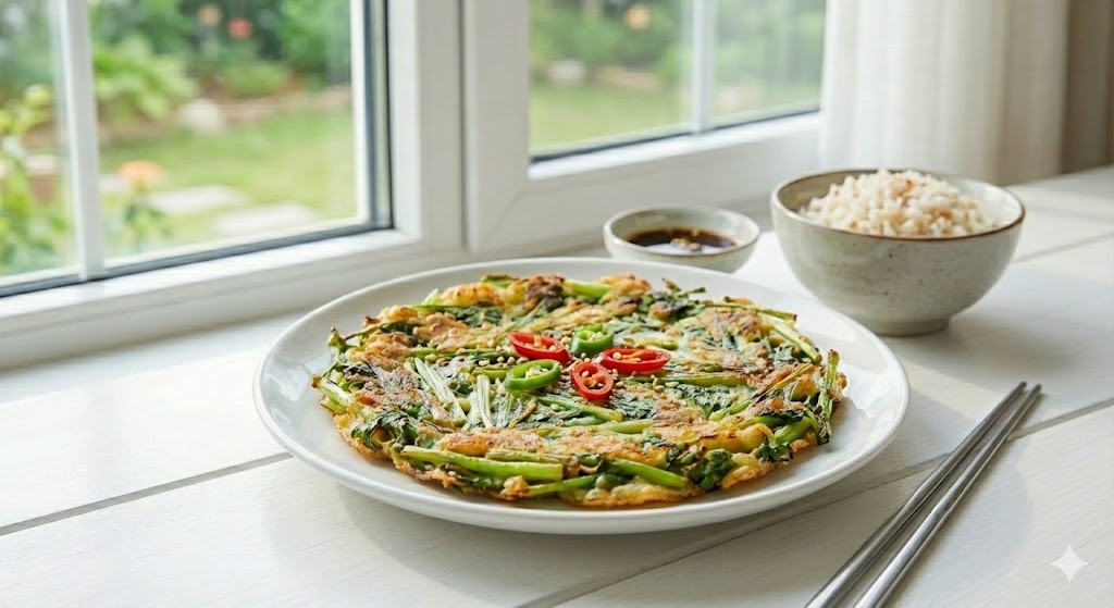 한입 베어 물면 입안 가득 미나리 향이 퍼지는, 겉바속촉 식감이 일품인 미나리전