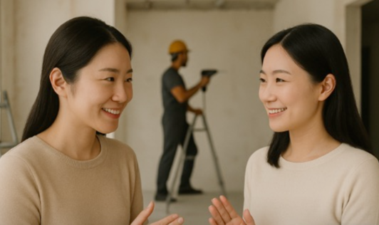 인테리어 공사 중 발생하는 소음민원에 이웃과 이웃이 서로 이해하는 모습 사진