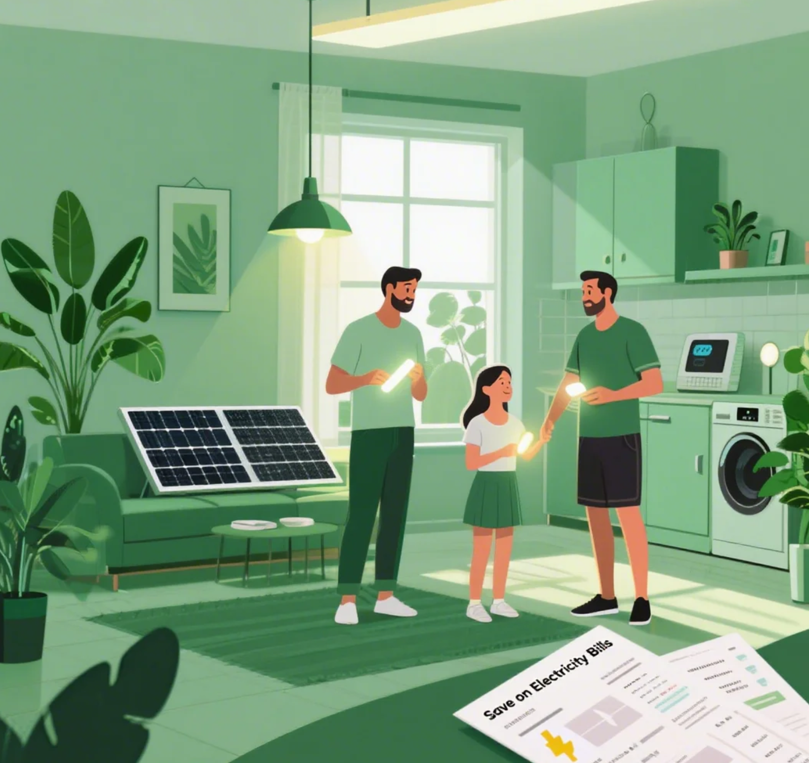 전기세 절약하는 가족의 모습을 그린 일러스트