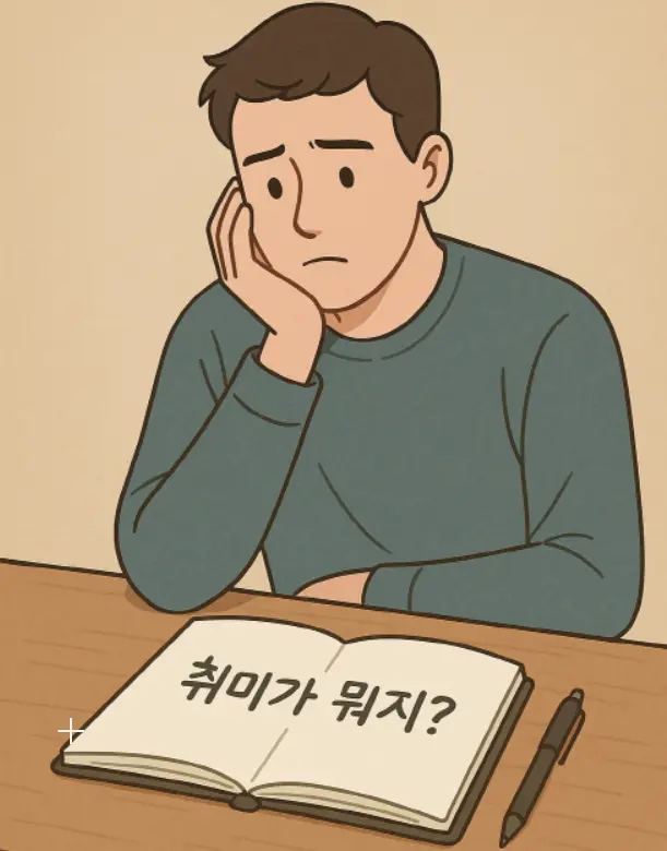 "고민하는 남성과 '취미가 뭐냐고요?' 텍스트가 적힌 다이어리"