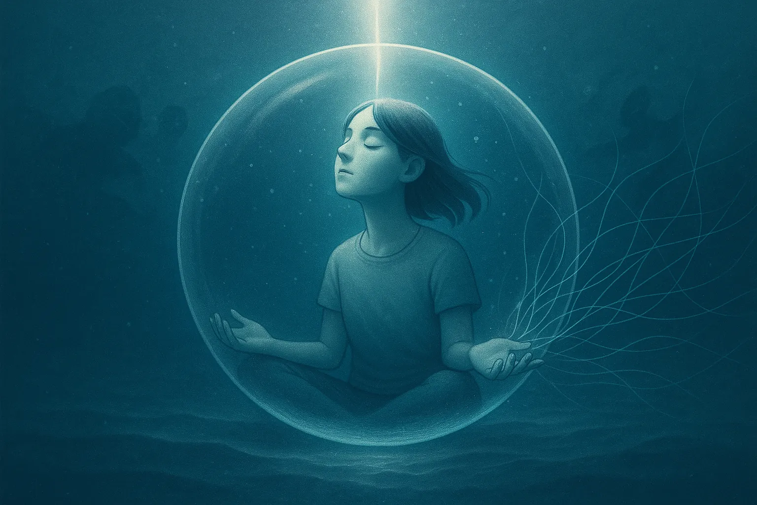 초현실적 유리 구체 안에서 명상하는 인물과 스트레스를 시각화한 기하학적 곡선 흐름이 어우러진 장면