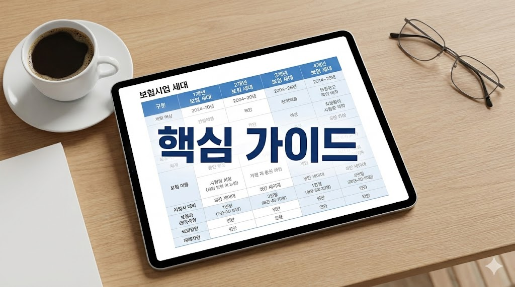 실손보험 세대별 비교 가이드를 보여주는 세련된 오피스 데스크톱 이미지