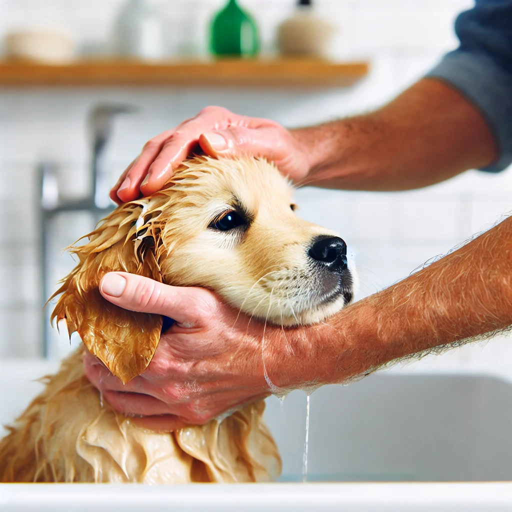 강아지 목욕 – 보호자가 부드럽게 씻어주는 모습, 강아지가 편안한 표정