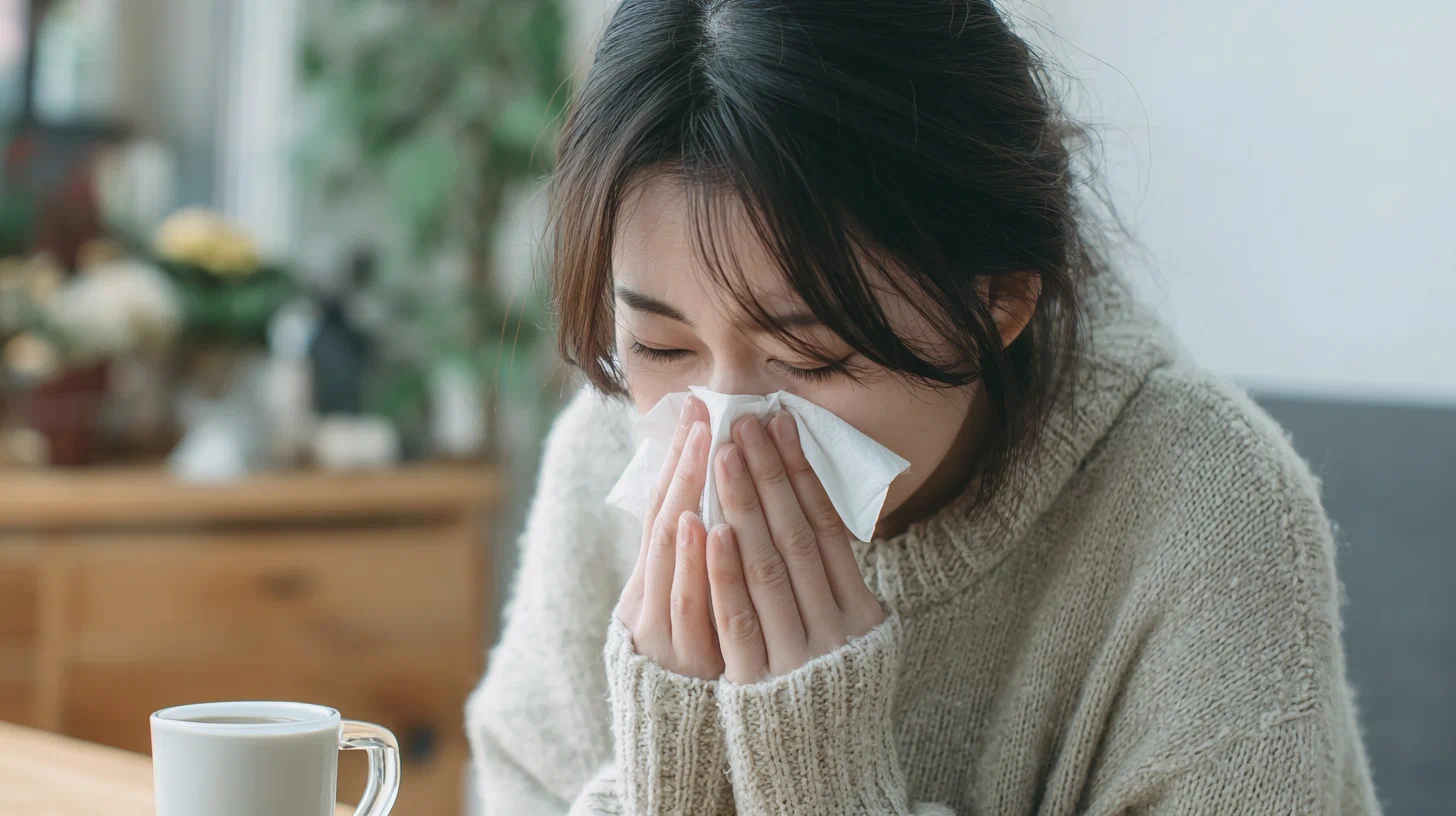 알레르기 증상으로 코를 훌쩍이는 사람 이미지