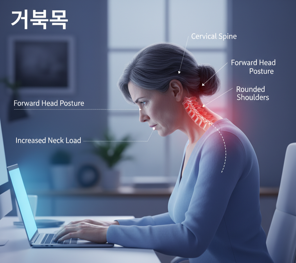 책상 앞에 앉은 중년 여성의 거북목 자세, 목과 어깨 긴장 표시