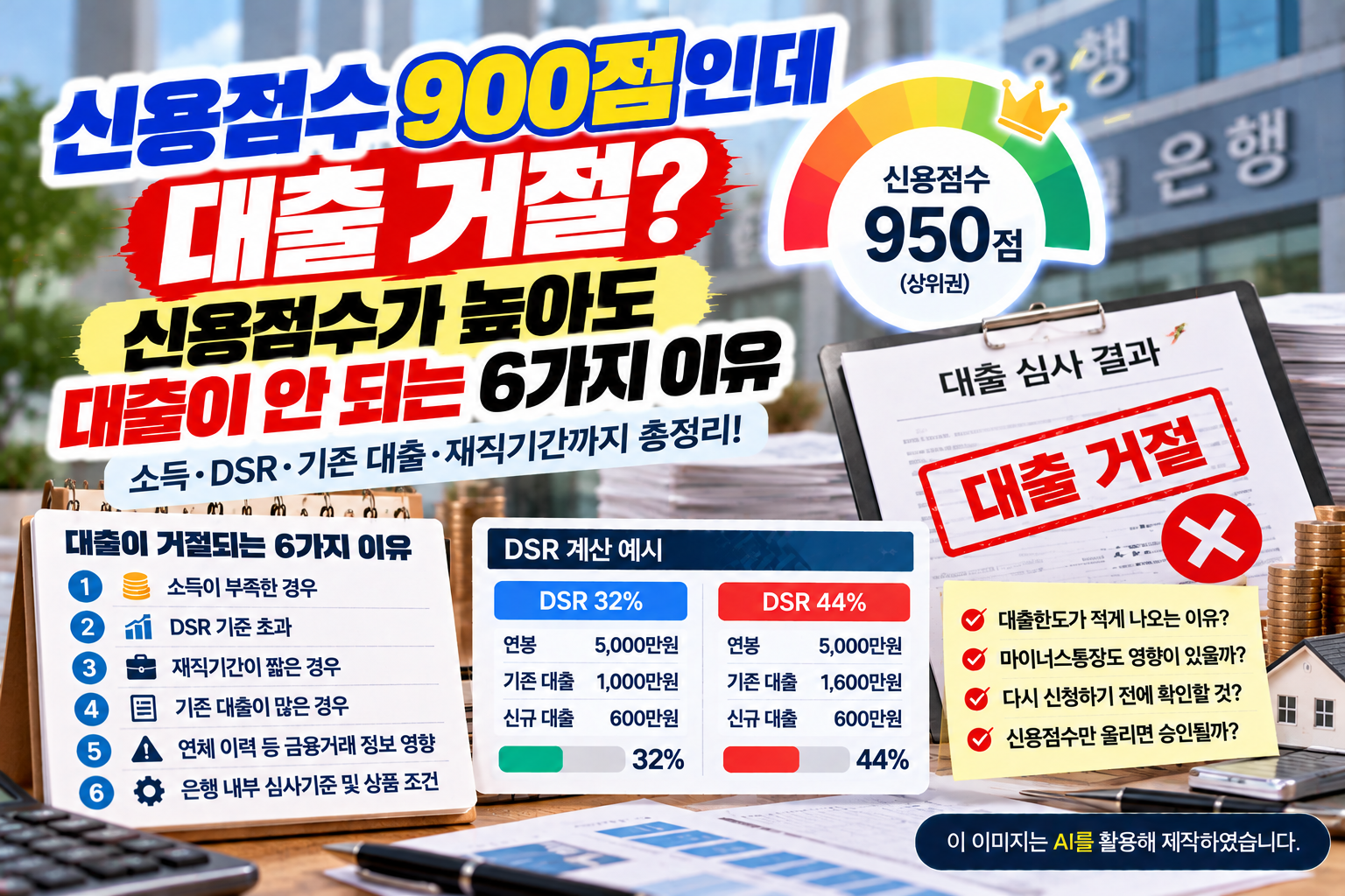 신용점수 900점 이상이어도 대출이 거절되는 6가지 이유와 소득, 기존 대출, DSR 32%·44% 비교 및 은행 대출 심사기준을 설명하는 이미지