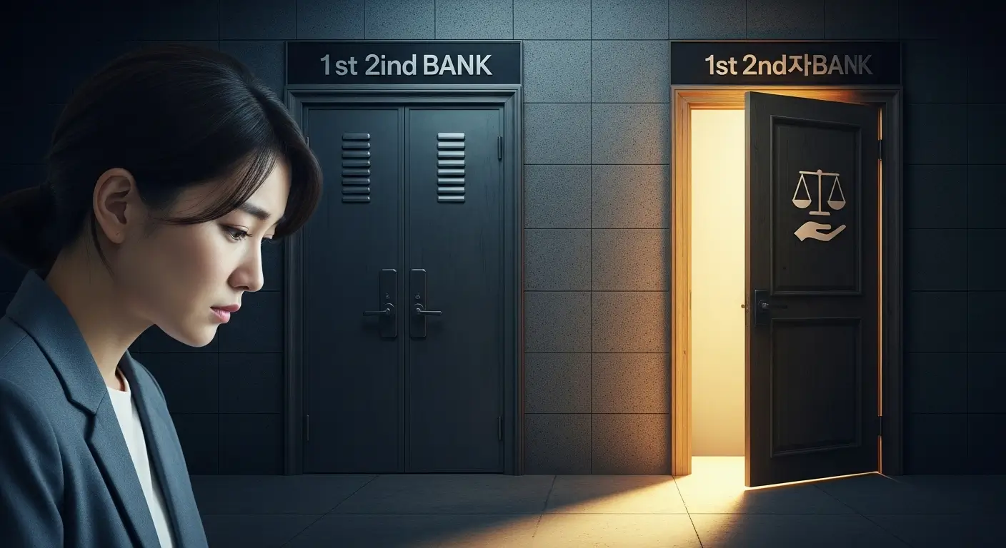 한 한국인 청년이 굳게 닫힌 은행 문 앞에서 좌절하다가, 서민금융진흥원이라는 새로운 희망의 문을 발견하는 모습