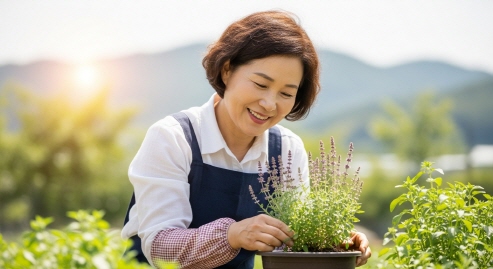 중년 여성이 허브 화분을 가꾸며 미소 짓는 모습