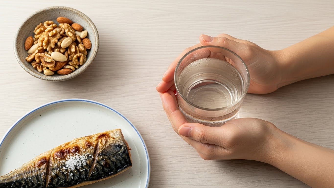 혈액 순환과 혈관 탄력을 돕는 미지근한 물과 견과류, 등푸른생선 식단