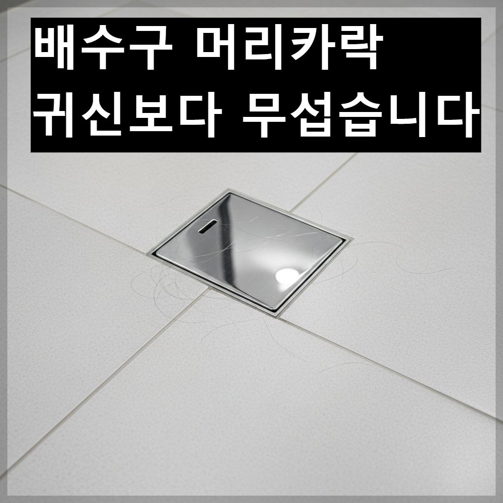 머리카락이나 물때 없이 반짝이고 깨끗하게 청소된 한국 아파트 욕실 배수구와 타일 바닥