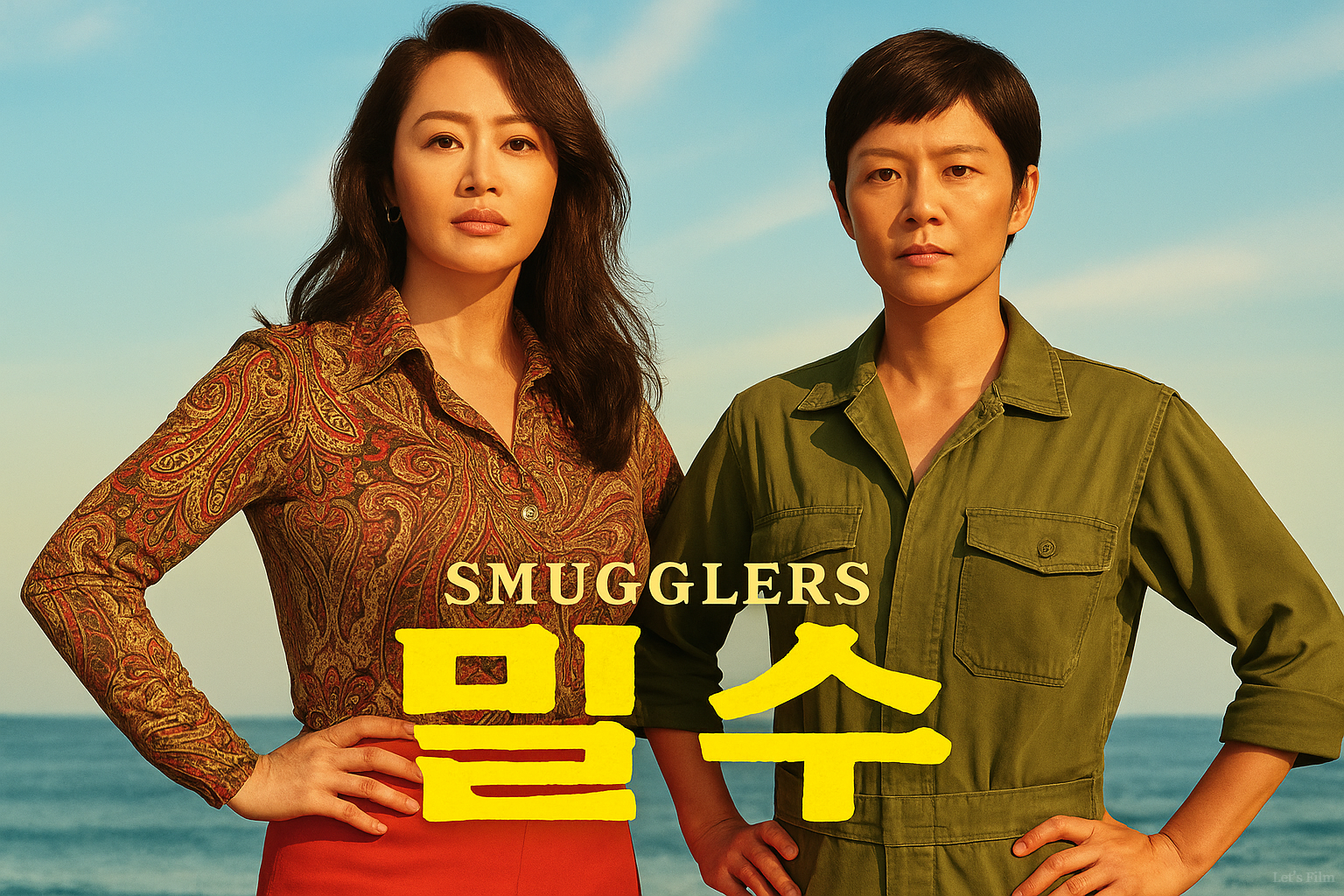 영화 '밀수' 포스터. 두 여성이 바다를 배경으로 서 있으며, '밀수'라는 제목이 크고 뚜렷하게 적혀 있다.