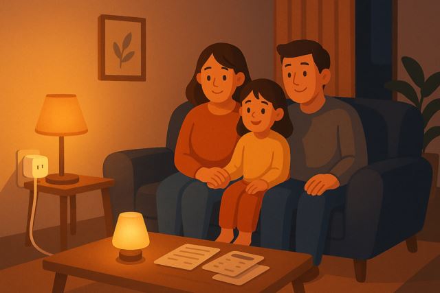 야간 거실, 스마트 플러그에 연결된 취침등이나 작은 조명이 켜져 있고, 가족이 포근하게 소파에 앉아 있는 장면 이미지