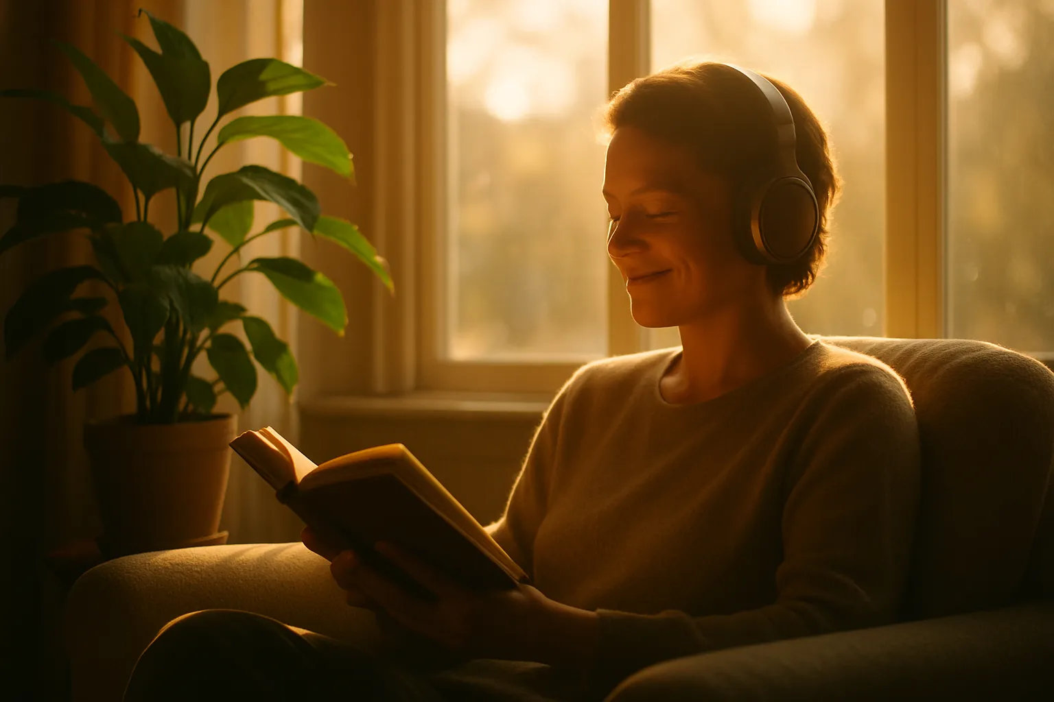 "층간소음 스트레스 속에서 노이즈캔슬링 헤드폰을 끼고 독서를 하며 마음의 평화를 찾는 모습"