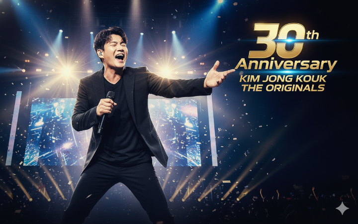 김종국이 열정적으로 노래하는 역동적인 모습과 '30th Anniversary' 로고 합성 이미지
