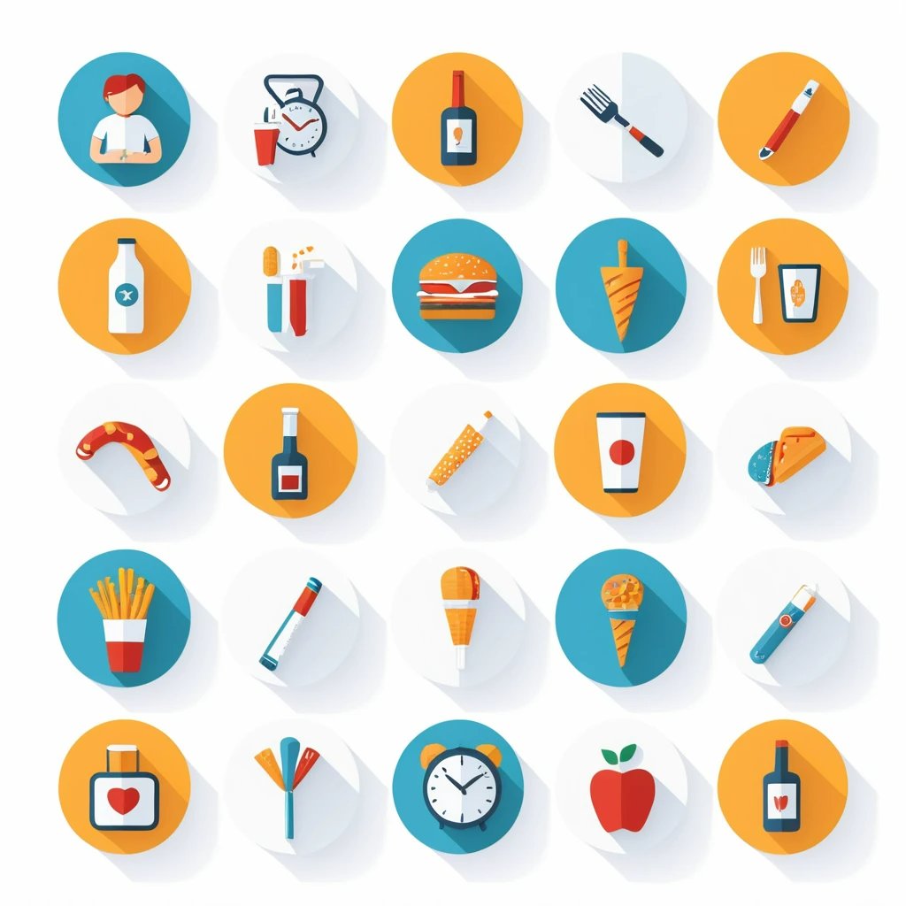 건강과 식습관 관련 아이콘 세트. 음식, 도구, 시간관리 등 25개의 플랫 디자인 아이콘이 원형 안에 배치됨